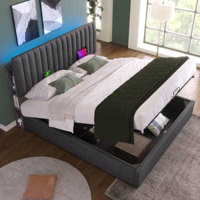 VVBV Gestoffeerd Opbergbed 140x200 cm - LED-Verlichting, USB-C Laadstation, Opberghoofdbord - Linnen Grijs Zonder Matra - 132G