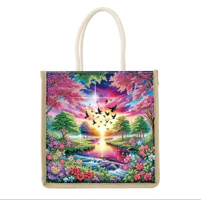 Diamond Painting Tas - Kleurrijk Natuurlandschap met Zonsondergang - Hobbytas