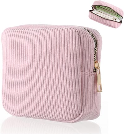 Opbergtasje Menstruatieproducten - Cosmetisch Pouch - Hygiëne Organiseren - Zachte Corduroy Stof - 12 x 12 x 4.5 cm - Roze