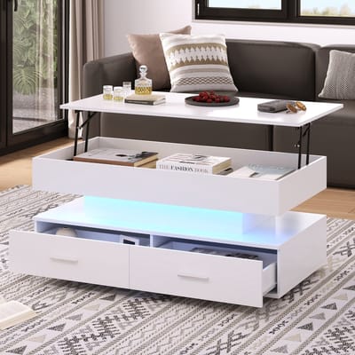 Wishdor Hydraulisch verstelbare salontafel 100×50×44 cm – wit, LED met Bluetooth-app, muzieksync, 2 lades & open vak