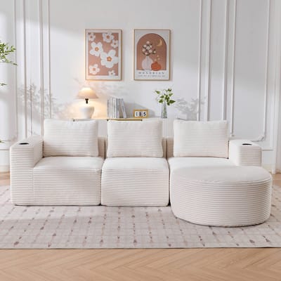 DESMIU Zitbank 258 Cm - 2-Zits Met 3 Kussens En 2 Bekerhouders - Voor Woonkamer Appartement En Kantoor - Polyester Beige