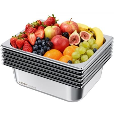 VEVOR Gastronormbak Hotelpan (1/2 maat) 6-pack 6 L, herbruikbare bakjes (98 mm diep), roestvrijstalen cateringopslag, paneermeelbak, voedselcontainer voor feestrestaurantbuffet