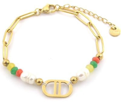 Armband Dames - Parel en Kralen - RVS - Lengte 15-18 cm - Goudkleurig en Multi