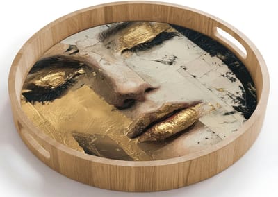 Dienblad rond 40x40 cm - Schootdienblad hout - Abstract - Goud - Gezicht - Lippen - Borrelplank rechthoek - Plateau houten dienbladen