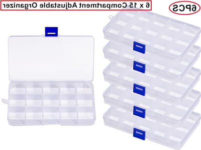 6 Stuks Opbergdozen met Compartimenten voor Kleine Onderdelen, Plastic Sorteringsbox voor Sieraden, 15 Compartimenten voor Kralen en Oorbellen, Verstelbare Organizer