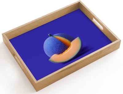 Dienblad hout 40x30 cm - Schootdienblad - Meloen - Blauw - Oranje - Kunstzinnig - Borrelplank rechthoek - Plateau dienbladen