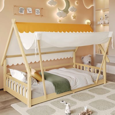 Gutent-Houten bedden 90x200 cm-kinderbed-eenpersoonsbed-exquisite wooden house design-met-veiligheidshek-natuur