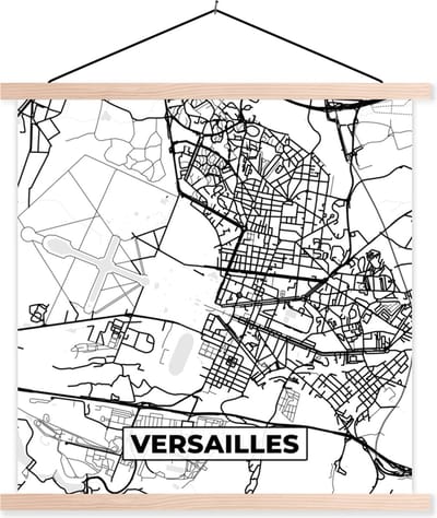 Posterhanger incl. Poster 40x40 cm - Schoolplaat - Stadskaart - Plattegrond - Versailles - Kaart - Frankrijk - Zwart wit - Textielposter - Blanke latten - Stadskaart