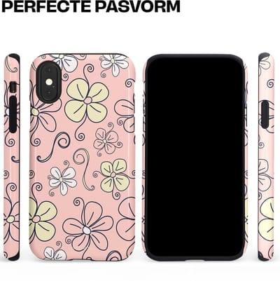 Casetastic hoesje geschikt voor Apple iPhone X / Apple iPhone XS - Dubbellaagse bescherming - Pastel Perzik Doodle Peach Bloemen - Fashion Case - Zand Zilver Lichtroze