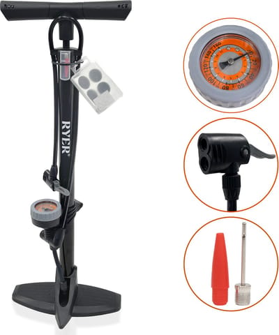 RYER Fietspomp Pro - Tot 11 bar - Met Drukmeter - Voor Fietsen, Ballen & Waterspeelgoed - Inclusief Bandenreparatieset & Adapterset