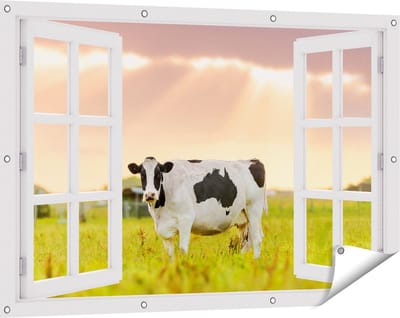 Gards Tuinposter Doorkijk Zwart Wit Koe in de Wei bij Zonsopkomst - 120x80 cm - Tuindoek - Tuindecoratie - Wanddecoratie buiten - Tuinschilderij