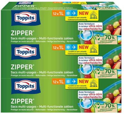 3 x Toppits – Zipper Multifunctionele Zakken – 1 Liter – 12 Zakjes - Koffie - Koffiezetapparaat - Koffiezetapparaat Met Automatische Functie