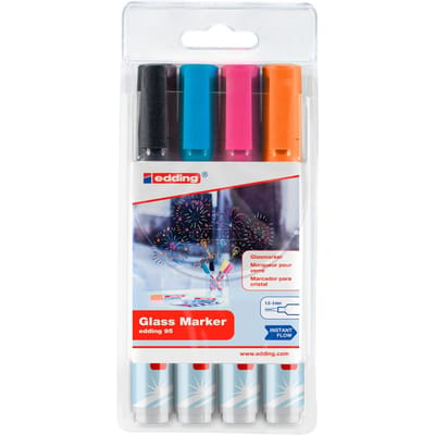 edding 95/4 S glasmarker set - assorti 4 stuks: zwart, oranje, roze, lichtblauw - zonder pompsysteem direct te gebruiken - 1,5-3mm