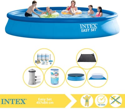 Intex Rond Opblaasbaar Easy Set Zwembad - 457 x 84 cm - Blauw - Inclusief Pomp - Afdekzeil - Onderhoudspakket - Filter - Grondzeil - Solar Mat - 7-delig