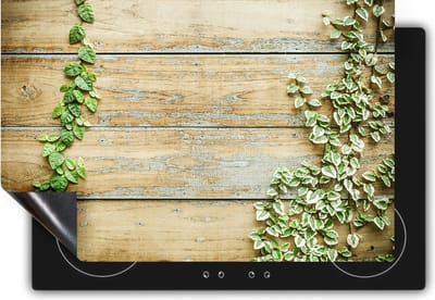 Chefcare Inductie Beschermer Houten Planken met Groene Bladeren - Hout - 60x50 cm - Afdekplaat Inductie - Kookplaat Beschermer - Inductie Mat
