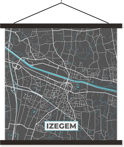 Posterhanger incl. Poster 60x60 cm - Schoolplaat - Plattegrond – Izegem – Blauw – Stadskaart - Kaart - Textielposter - Zwarte latten - Stadskaart