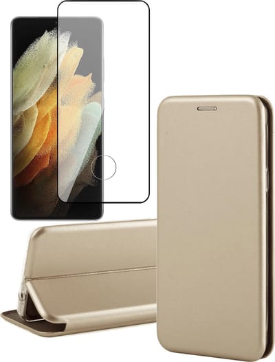 Hoesje geschikt voor Samsung Galaxy S21 Ultra - Screen Protector FullGuard - Book Case Kunstleer ThinShield Goud & Screenprotector