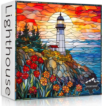 Vuurtoren Puzzel - Glas in Lood Stijl - Ontspanning Thuis - Unieke Achtergrondletters - 60x60cm