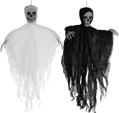 Horror/halloween decoratie skelet/geraamte pop - set van 2 - geest/spook - hangend - 70 cm