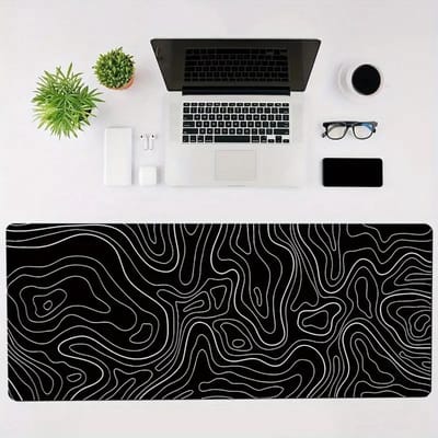 1pc Grote Topografische Muispad, 80 x 30cm Rubber Gaming Toetsenbordmat met Antislip Ondergrond, Zwart en Wit Ontwerp voor PC Bureau