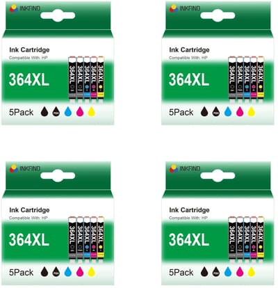 INKFIND 364XL voor HP364 HP 364 HP364XL HP 364XL inkt van 20 stuks (4 x 5pack= 4 x foto Zwart, 4 x Zwart, 4 x Cyaan, 4 x Magenta, 4 x Geel) foto Zwart inkt wordt gebruikt voor 5-kleurenprinters, De houder voor foto Zwart is dunner dan de zwart inkt.