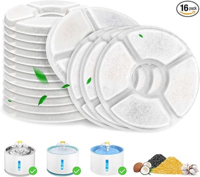 16 stuks Vervangfilter voor Huisdier Waterfontein - Meerlaags Kokosnoot Actieve Kool Filter Pads - Ronde Filter voor Automatische Kat Hond Drinkfontein - Verwijdert Haar Geuren Onzuiverheden Waterfilter Cartridges