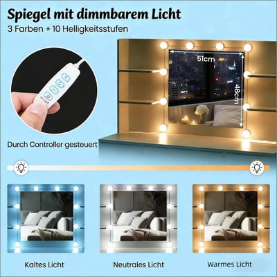 FloraGrace Kaptafel - Met Spiegel, Ledverlichting En Stopcontact - Met Laden En Kast Voor Slaapkamer - Wit - 110x40x140 Cm