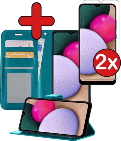 Hoesje - Met 2x Screenprotector - Geschikt voor Samsung Galaxy A02s - Luxe Pasjeshouder - Flip Case - Bookcase Portemonee - Kunstleer Book Case - Flipcase Hoes - Book Cover - Walletcase - Portemonneehoes - Telefoonhoes - Turquoise