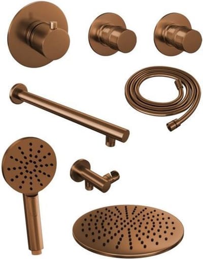 Brauer Copper Edition thermostatische inbouw regendouche SET 08 met 30 cm douchekop en rechte muurarm en 3-standen handdouche en doucheslang en wandaansluitbocht koper geborsteld PVD