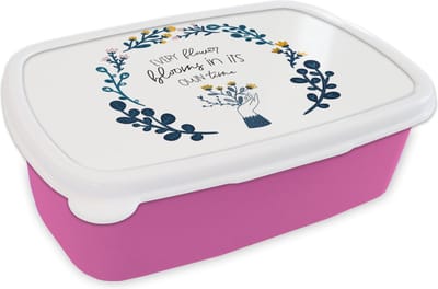 Broodtrommel Roze - Lunchbox - Brooddoos - Every flower blooms in its own time - Spreuken - Quotes - 18x12x6 cm - Kinderen - Meisje