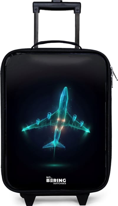 NoBoringSuitcases.com® - Kinderkoffer jongen - Kindertrolley meisje - Lichtgevend vliegtuig - Koffer kind lichtgewicht - Reiskoffer trolley voor kinderen - Koffertje met lichtgevende wieltjes - Rolkoffer zwart