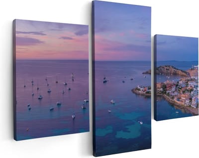 Artaza Canvas Schilderij Drieluik Ibiza met Boten op het Water bij Zonsopgang - 90x60 - Foto Op Canvas - Canvas Print