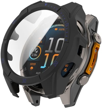 Screenprotector case - geschikt voor Garmin Tactix 8 AMOLED 47mm - full cover hoesje - gehard glas - 47 mm - volledige bescherming - zwart blauw