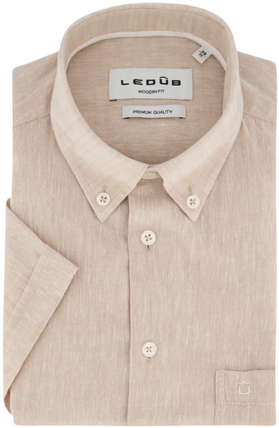 Ledub Modern Fit overhemden beige gemêleerd korte mouw