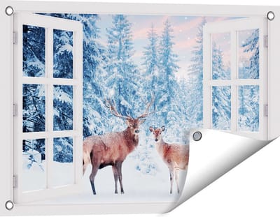 Gards Tuinposter Doorkijk Twee Herten in het Bos met Sneeuw - 60x40 cm - Tuindoek - Tuindecoratie - Wanddecoratie buiten - Tuinschilderij