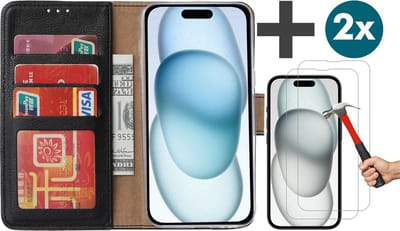 Hoesje met 2 Stuks Screenprotectors Geschikt voor iPhone 15 Plus – Arara bookcase met pasjeshouder - Zwart