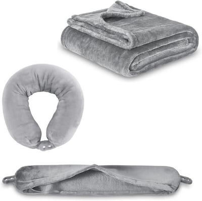 Ultralichte en warme reisdeken - 3-in-1 fleece set voor vliegtuig, auto en camping, opvouwbaar en multifunctioneel met nekkussen en roldeken