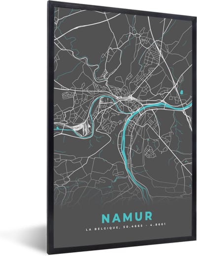 Fotolijst incl. Poster - Plattegrond – Namur – Blauw – Stadskaart - Kaart - België - 40x60 cm - Posterlijst