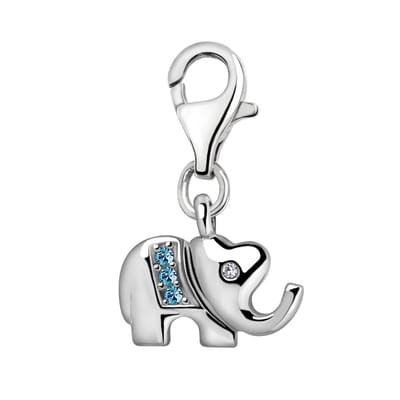 Quiges – Charm – Hanger - 3D Olifant met Zirkonia Blauw - Verzilverd - karabijnslot - geschikt - voor - Bedelarmband - QHC118