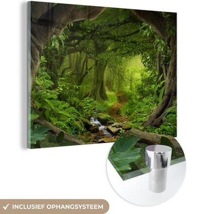 MuchoWow - Glasschilderij - Schilderij glas - Jungle - Rivier - Boom - Groen - Stenen - Foto op glas - Acrylglas - Schilderijen woonkamer - 160x120 cm - Wanddecoratie - Muurdecoratie