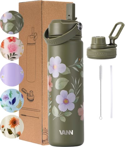 VANN® 3-Wandige RVS Drinkfles 650 ML met rietje voor volwassenen – Met 2 doppen – Thermosfles – 12 uur warm/24 uur koud – Bloemen fles – Cadeau voor man en vrouw –VANN FLOWER BOTTLE