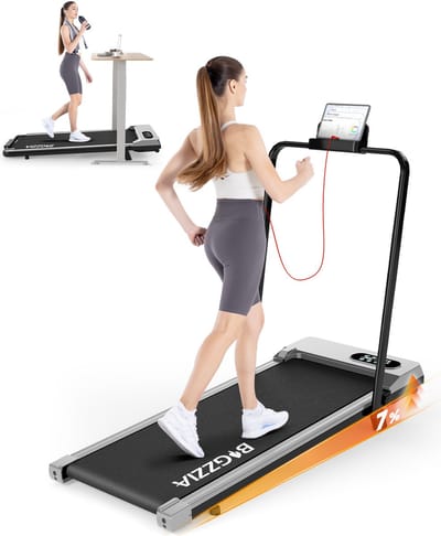 BIGZZIA 3-in-1 opvouwbare loopband met armleuningen - Inklapbaar loopband Elektrisch - 7% helling - 1-8 km/u instelbaar - Motor 2,5 pk - afstandsbediening - LCD-scherm - 130 kg draagvermogen - Treadmill zilver