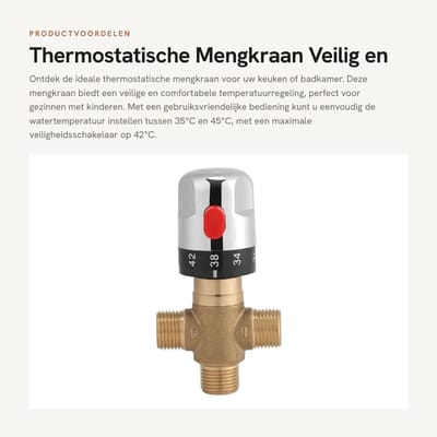 Dailygoods- Thermostaat messing 15 mm - Vaste temperatuur 38/42 °C - Douchekraan - Keuken - Badkamer - Veiligheidsfunctie - Mengkraan