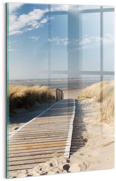 Wallfluent Glasschilderij - Uitzicht op het strand en de zee Foto Op Glas - 20x30 cm - Veelkleurig Verticale Muurschildering - Landschap Schilderij Op Glas - Glazen Schilderij - Schilderij Glas