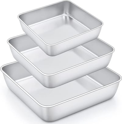 Vierkante bakvorm van 100% roestvrij staal, 3-delige set voor brownies, taarten en lasagne, veilig voor de vaatwasser en gezond gebruik