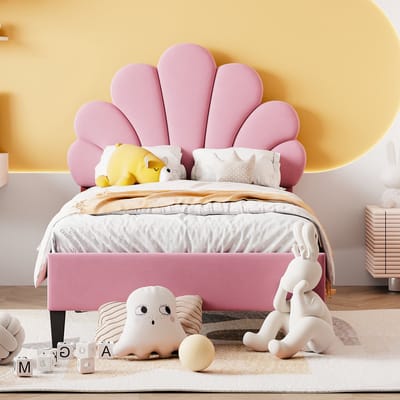DESMIU Gestoffeerd Bed 90 X 200 Cm – Bloemvormig Hoofdbord – Stevig Lattenbodem Met Opvulling – Voor Jeugdkamer Of Gastenkamer – Zachte Fluweelstof – Roze – Zonder Matras