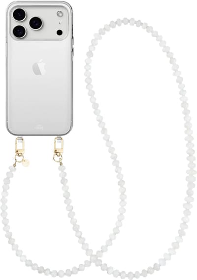 xoxo Wildhearts siliconen hoesje geschikt voor iPhone 17 Pro Max - Dusty White - Lang koord - Telefoonhoesje - Hoesje met koord - Kralenketting - Wit telefoonkoord - Transparant hoesje