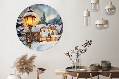 WallCircle - Wandcirkel - Muurcirkel - Kerstdorp - Huizen - Sneeuw - Kerst - Aluminium - Dibond - 140x140 cm - Binnen en Buiten
