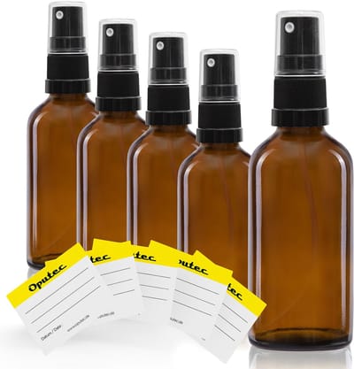 Oputec 5 x 30 ml sprayflessen – bruin glas met fijne verstuiver & etiketten – lekvrij & navulbaar