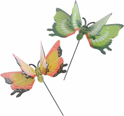 Decoris 2x tuin deco vlindesr op stok - groen/geel - metaal - 11 x 70 cm - dieren decoraties - bewegend